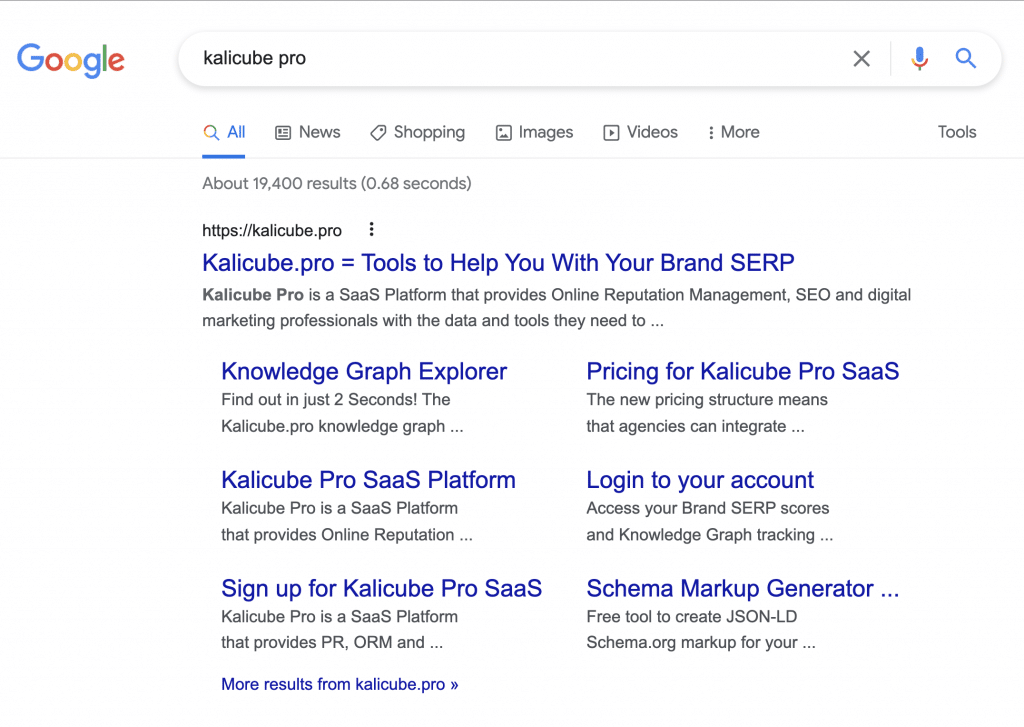 Rich Sitelinks on Kalicube's Brand SERP