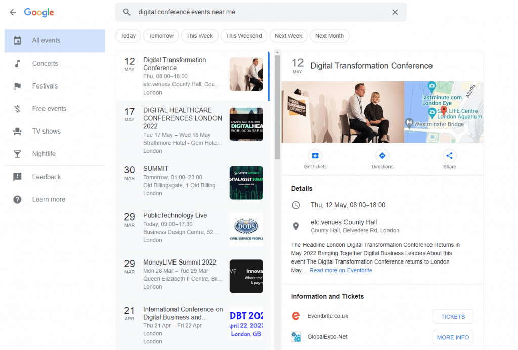 Google Events search result page