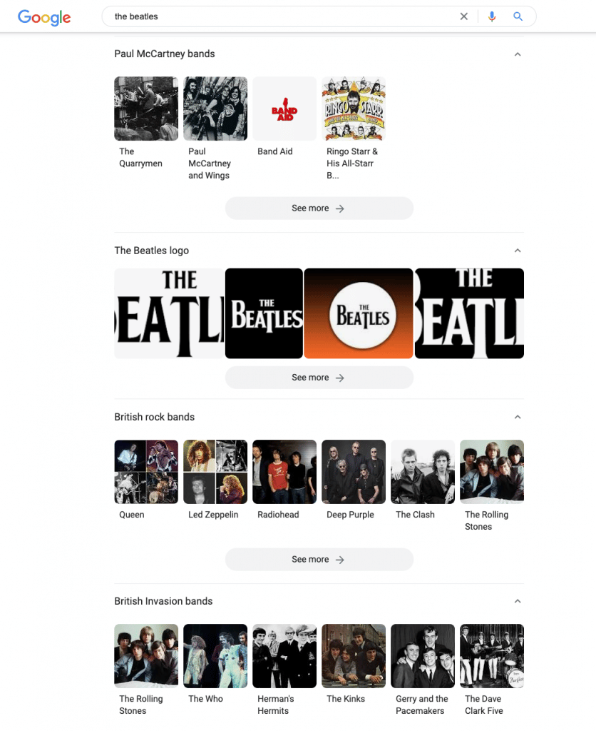 Expanded Type of Entity Equivalents for the search entity "The Beatles"