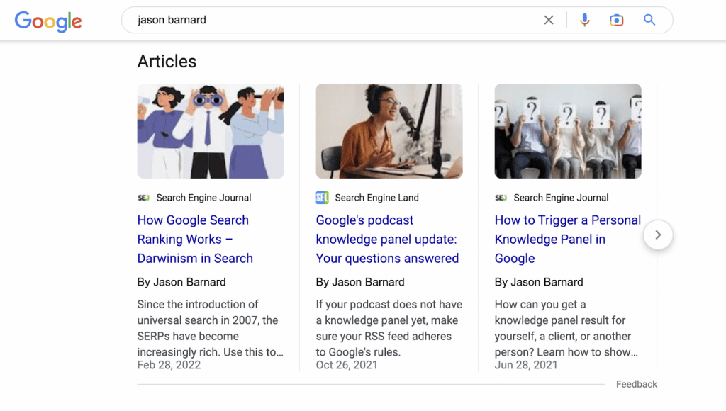 Articles on the Brand SERP of Jason Barnard