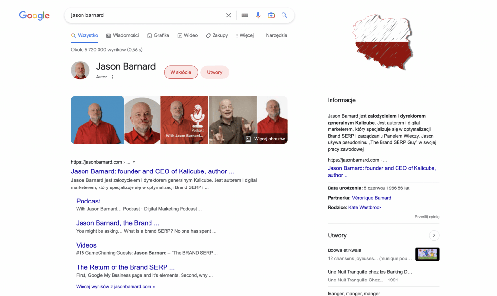 The Knowledge Panel for Jason Barnard in Polish in Poland 