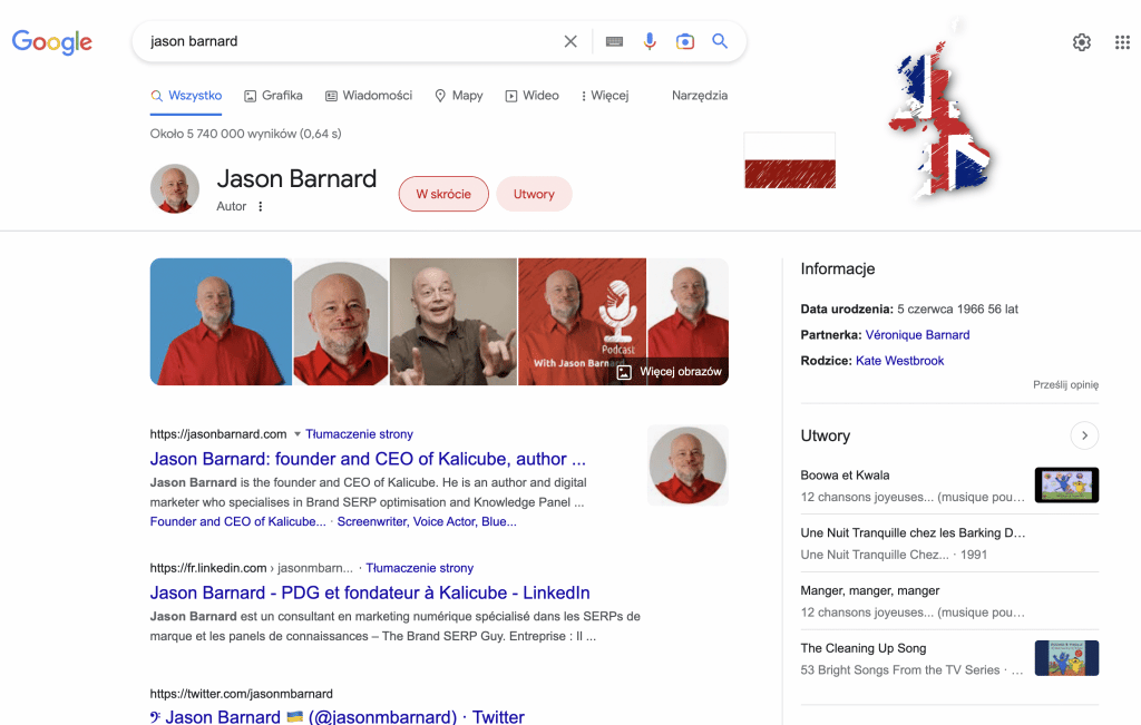 The Knowledge Panel for Jason Barnard in Polish in the United Kingdom