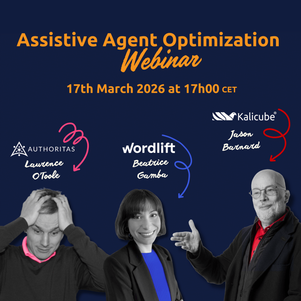 Poster for Assistive Agent Optimization (AAO): Webinar with Jason Barnard, Beatrice Gamba, and Laurence O'Toole