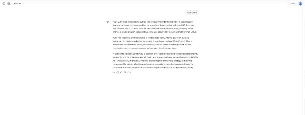 ChatGPT response to the query Scott Duffy identifying him as an entrepreneur, author, and founder of Smart Charter, with references to Inc., Entrepreneur, and Forbes
