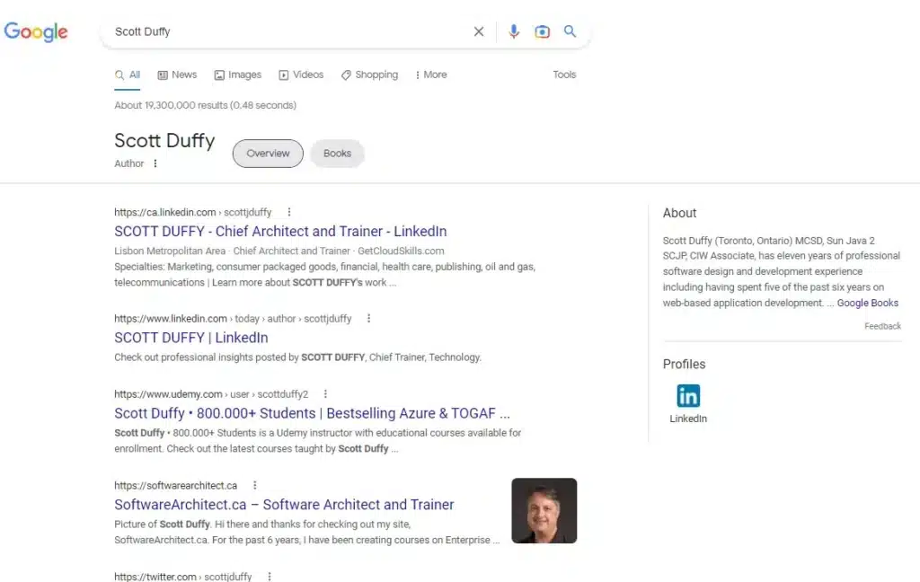 First page for Scott Duffy showing results and Knowledge Panel belonging to the Azure trainer