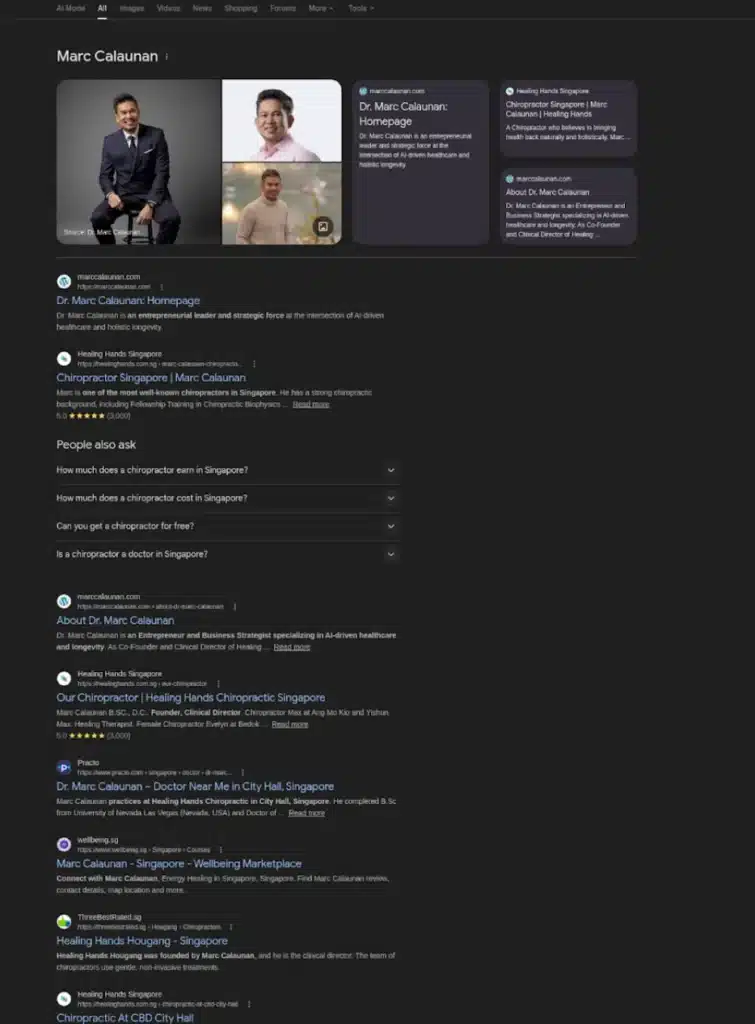 marccalaunan.com appearing as the #1 organic result for Marc Calaunan’s name in April 2026, with Page 1 ownership reaching 78%