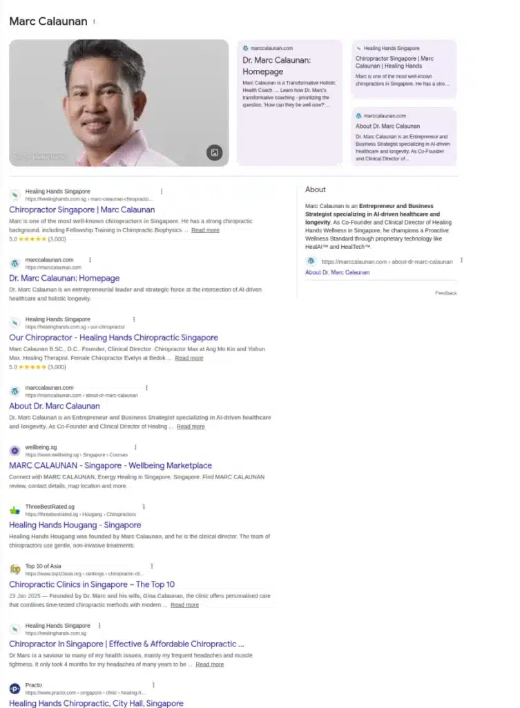 Google Knowledge Panel appearing for Marc Calaunan in Search in March 2026, after 21% Knowledge Panel was present at baseline