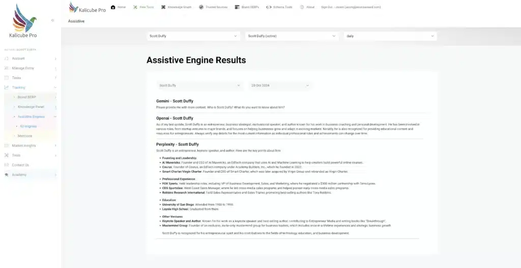 October 20, 2024 AI results for Scott Duffy showing Gemini hedging, while OpenAI and Perplexity provide increasingly accurate information about Scott Duffy
